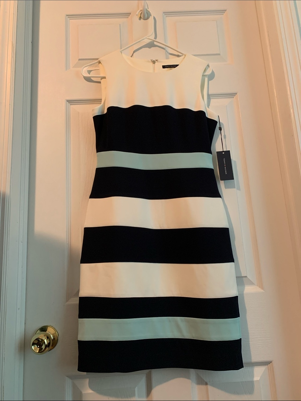 Tommy Hilfiger Black, White & Light Blue Striped Midi Sheath Dress